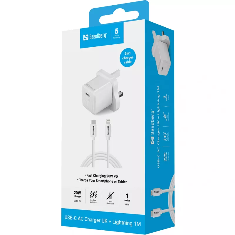 USB-C įkroviklis SANDBERG 441-64 20W UK kištukas – greitas USB Power Delivery įkrovimas