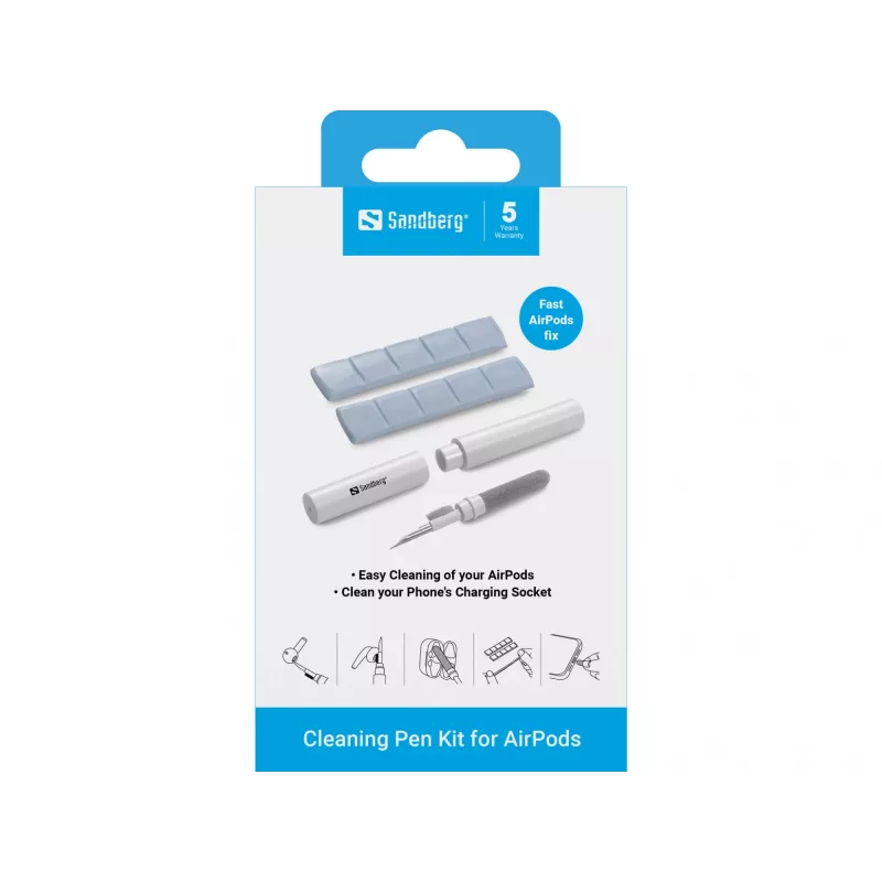 Valymo rinkinys Sandberg Cleaning Pen Kit, skirtas AirPods, pilkai baltas