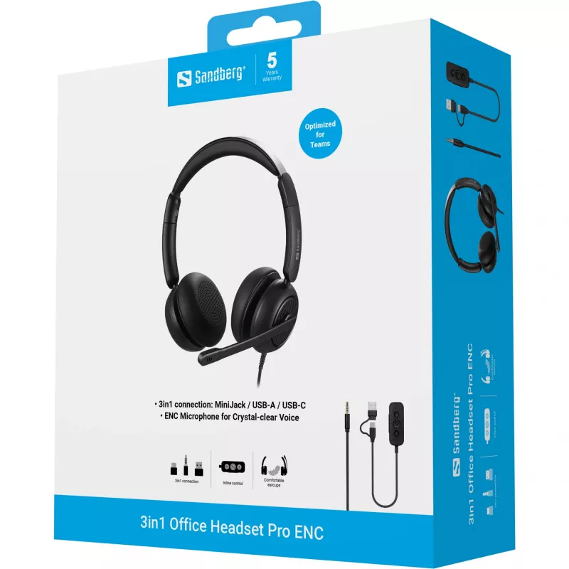 Laidinė ausinė Sandberg 3in1 Office Headset Pro ENC 20–20000 Hz