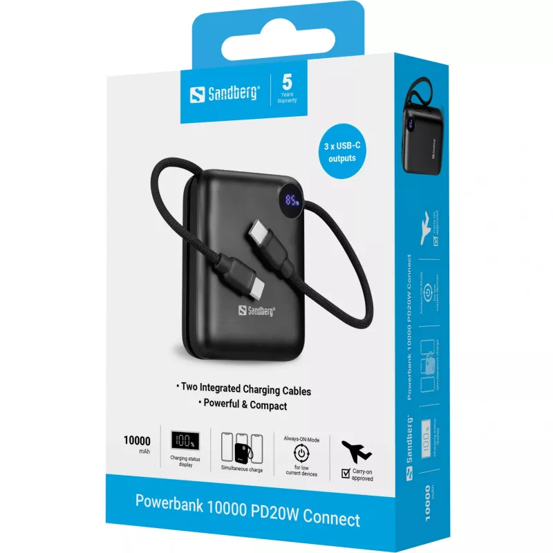 Nešiojamas įkroviklis Sandberg Powerbank 10000 PD20W Connect, 10000 mAh