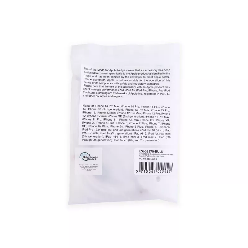 Lightning laidas eSTUFF ES602170-BULK 1m baltas USB C 2.4A