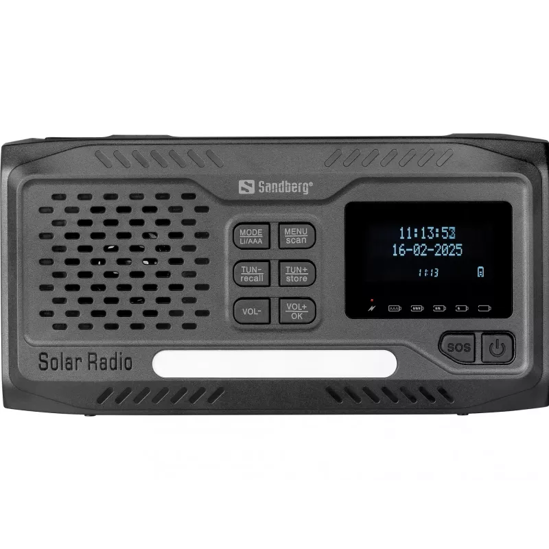 Nešiojamas radijas SANDBERG Survivor DAB Radio All-in-1 4500 — DAB+/FM, 87,5–108 MHz, 3 W RMS, USB-A ir USB-C, 4500 mAh baterija