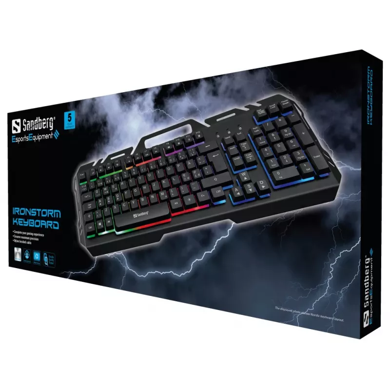 Klaviatūra Sandberg IronStorm Keyboard BE (AZERTY belgų, vielinė, membraninė, 104 klavišai, RGB LED)