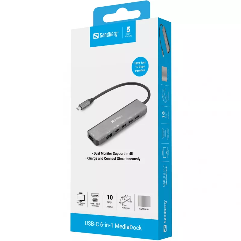 Sandberg USB-C 6-in-1 MediaDock dokų stotelė