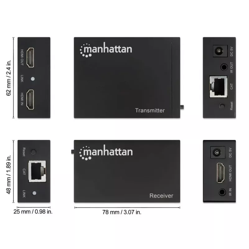 MANHATTAN HDMI 1080p Ethernet vaizdo perdavimo rinkinys, iki 50 m per vieną Cat6 kabelį, TX ir RX moduliai, IR palaikymas, trejų metų garantija