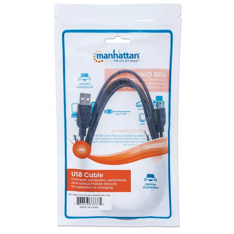 Manhattan USB-A į Mini-USB laidas, 1,8 m, Kištukas-Kištukas, Juodas, 480 Mb/s (USB 2.0), Greitasis USB, Viso gyvenimo garantija