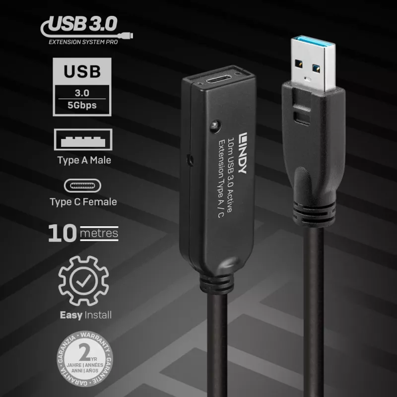 Lindy 10 m USB 3.0 aktyvus ilginimo kabelis A tipo į C