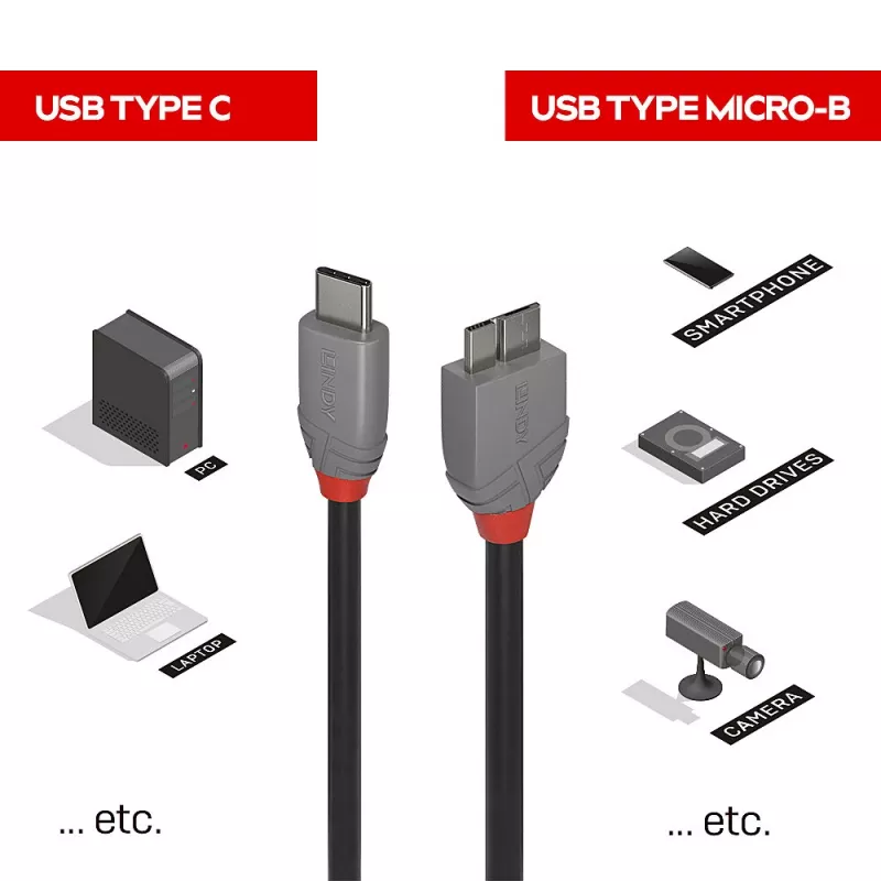 Lindy 3m USB 3.2 Type C į Micro-B laidas, Anthra Line, 3 m, USB C, Micro-USB B, USB 3.2 Gen 1 (3.1 Gen 1), juoda