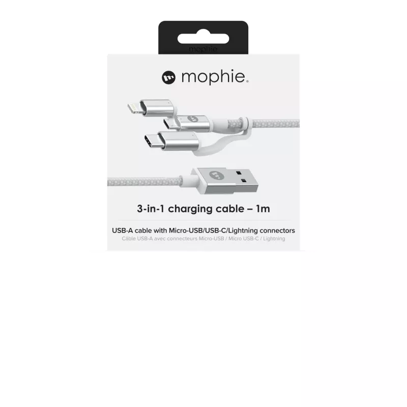mophie Charge and Sync Cable USB-A į Micro/USB-C/LTG 1m Baltas