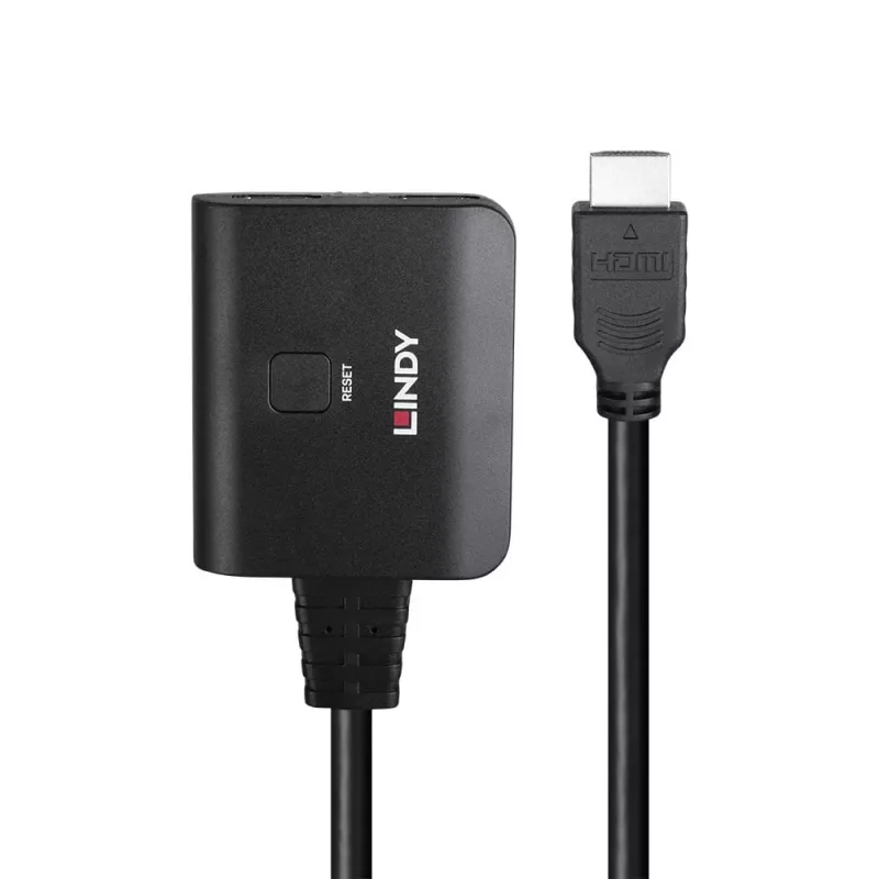 Lindy 2 prievadų HDMI 4K60 skirstytuvas su kabeliu, juodas, 3840x2160