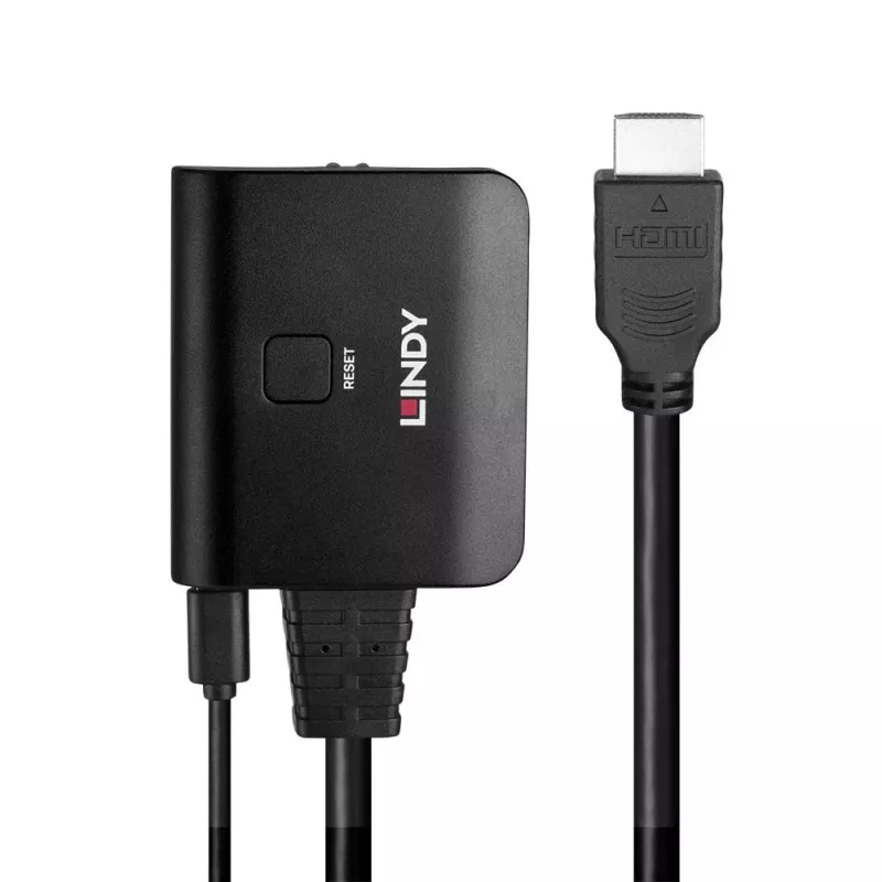 Lindy 2 prievadų HDMI 4K60 skirstytuvas su kabeliu, juodas, 3840x2160
