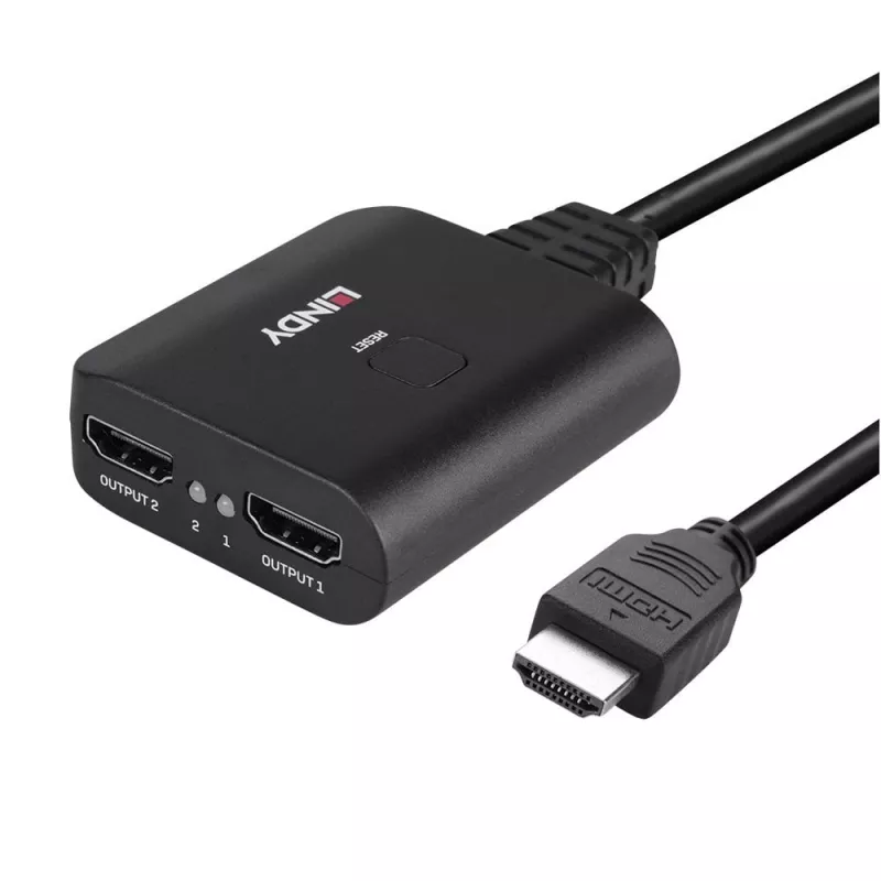 Lindy 2 prievadų HDMI 4K60 skirstytuvas su kabeliu, juodas, 3840x2160