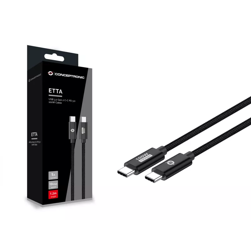 Conceptronic ETTA02B12 USB 3.2 Gen 2 C-C PD 3.0 100W laidas 1,2 m, 20V 5A, 10Gbps, E-Mark