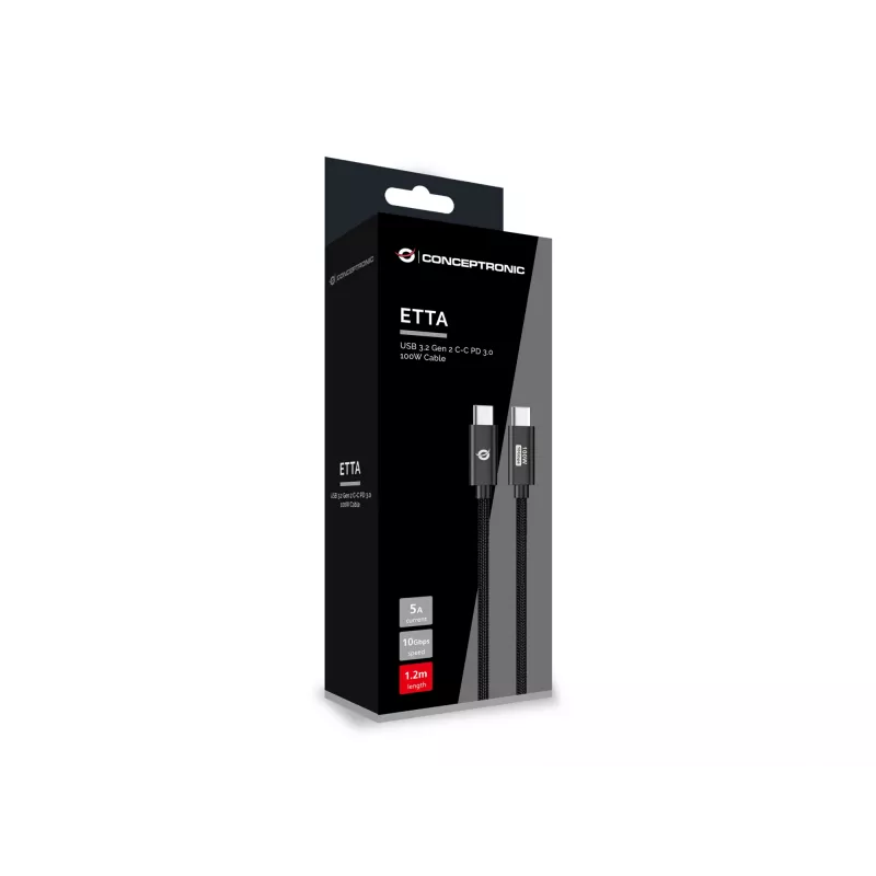Conceptronic ETTA02B12 USB 3.2 Gen 2 C-C PD 3.0 100W laidas 1,2 m, 20V 5A, 10Gbps, E-Mark