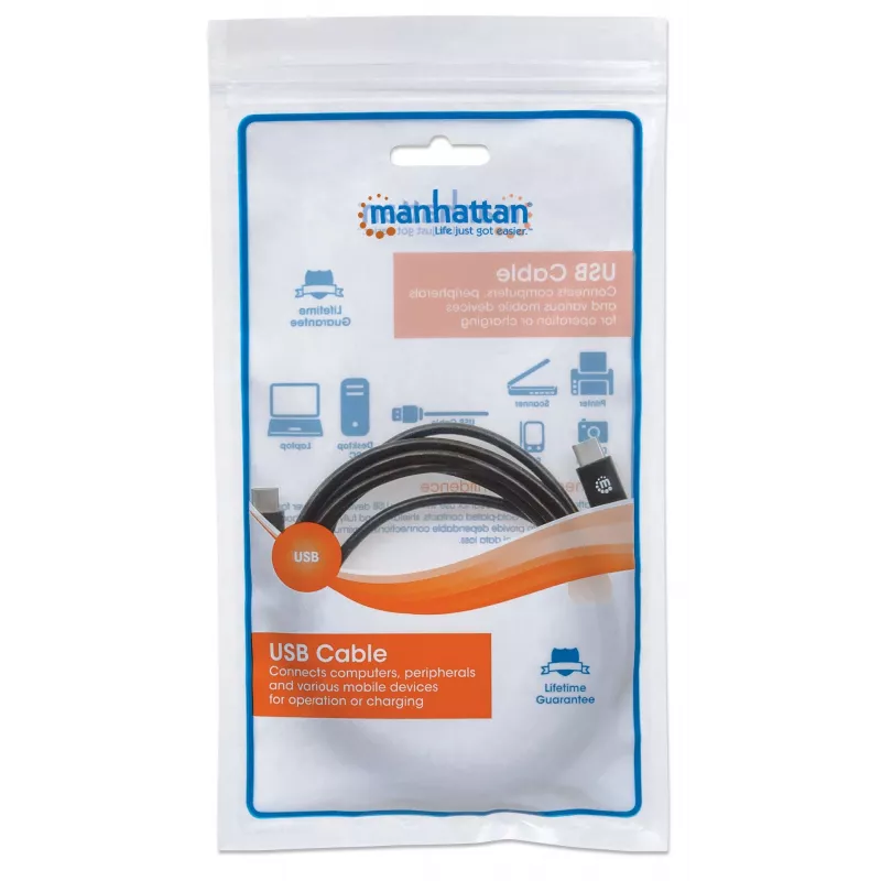 Manhattan USB-C laidas, 2 m, vyriškas į vyrišką, juodas, 480 Mbps (USB 2.0), 3A