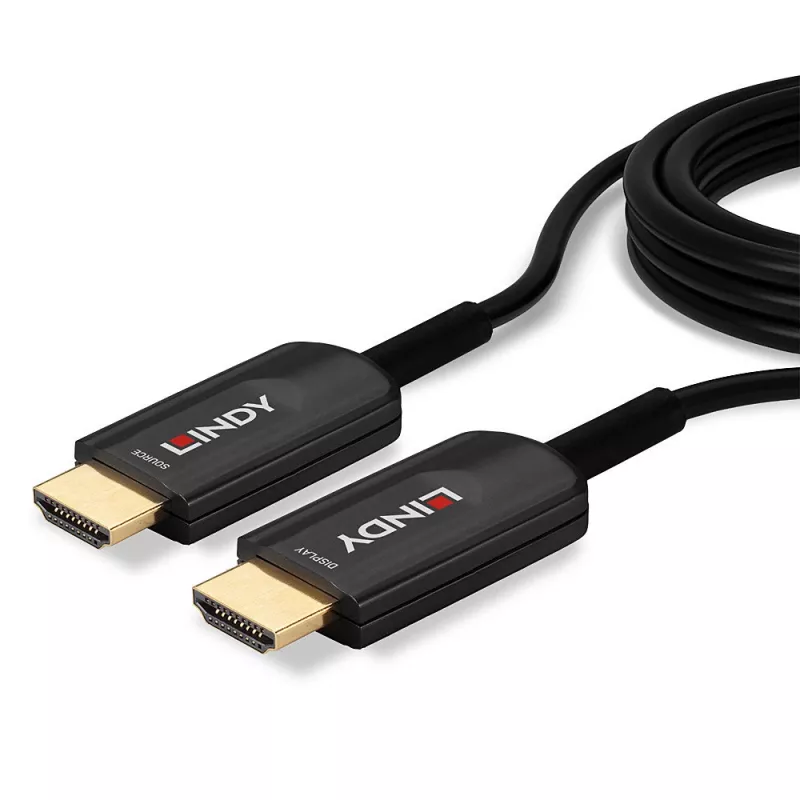 Hibridinis šviesolaidinis HDMI laidas Lindy 15 m, Ultra High Speed 48 Gbit/s, HDMI 2.1, paauksuotomis jungtimis, juodas