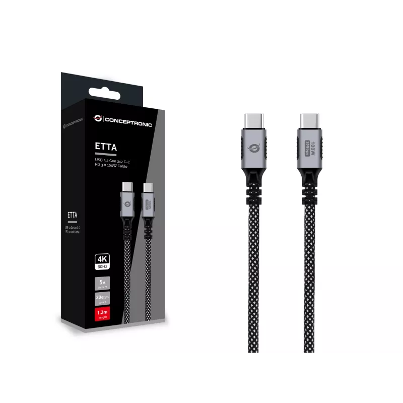 CONCEPTRONIC USB-C į USB-C laidas ETTA07B12 — USB 3.2 Gen 2x2, 1,2 m, 20 Gbps, PD 3.0 100W (20V/5A), 4K60Hz, juodas, E-Mark