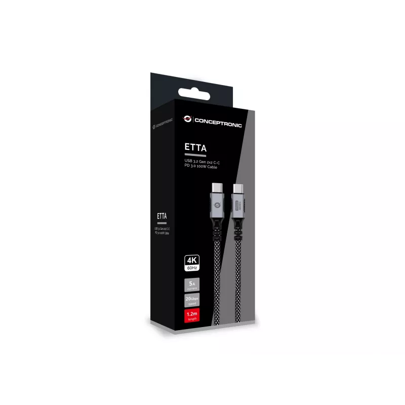 CONCEPTRONIC USB-C į USB-C laidas ETTA07B12 — USB 3.2 Gen 2x2, 1,2 m, 20 Gbps, PD 3.0 100W (20V/5A), 4K60Hz, juodas, E-Mark