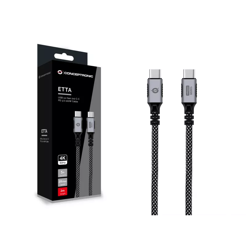 USB-C į USB-C laidas CONCEPTRONIC ETTA07B20 — USB 3.2 Gen 2x2, 2 m, 20 Gbps, PD 3.0 100W, 4K@60Hz, E-mark