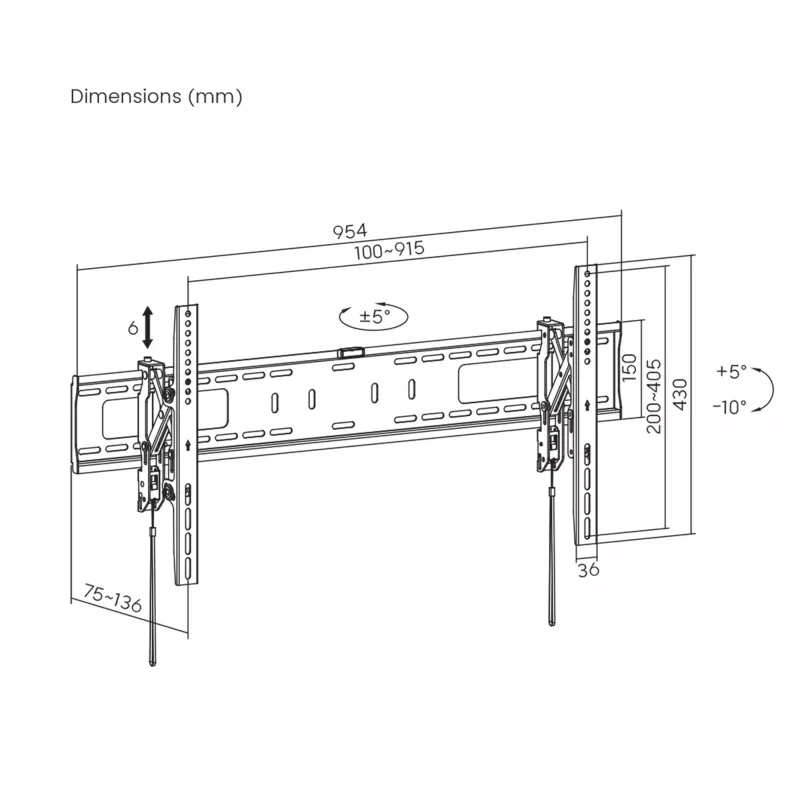 Manhattan TV ir monitorių laikiklis sieninis nuo vagystės 43-100 juodas VESA 200x200 iki 800x400 mm, max 75 kg