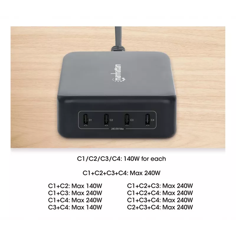 Kroviklis Manhattan Keturi USB-C PD Prievadai 140W vienam prievadui 240W bendra