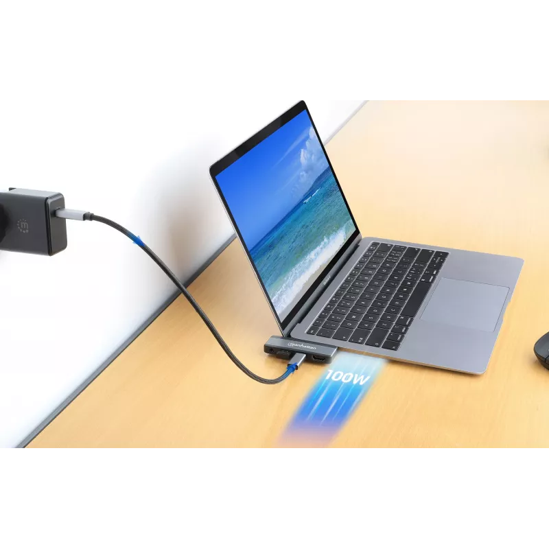 Manhattan 190404 USB-C PD į HDMI 4 viename mobilioji doko stotis, USB 3.2 Gen 2, 10 Gbit/s, 4K, 100 W PD, pilka