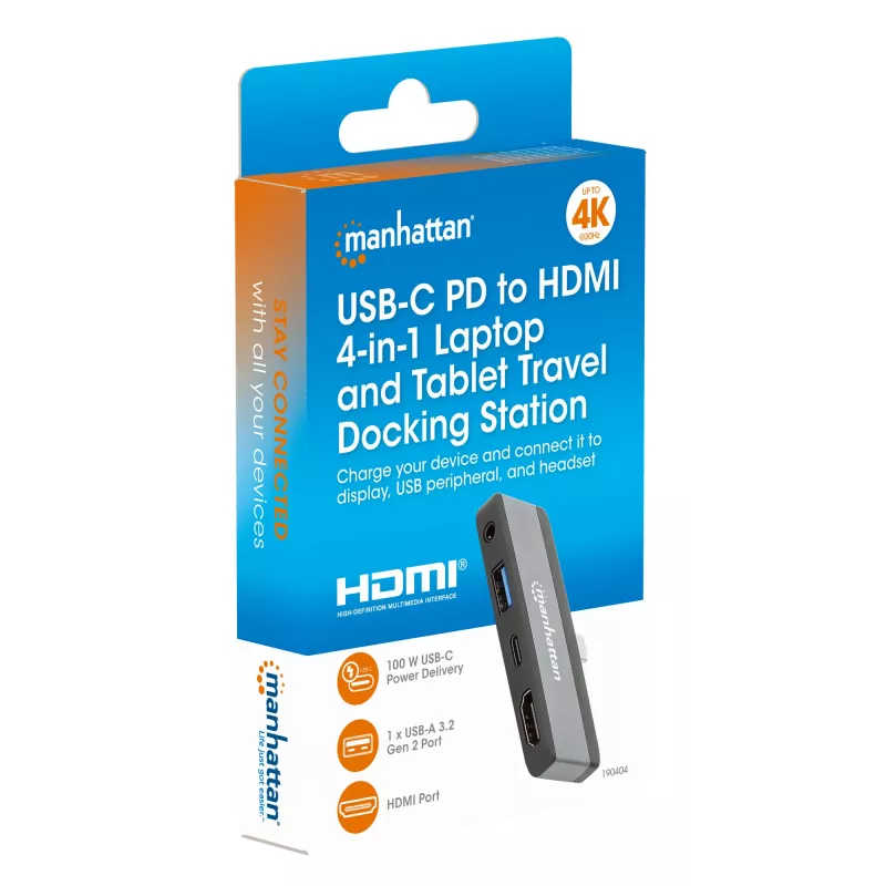 Manhattan 190404 USB-C PD į HDMI 4 viename mobilioji doko stotis, USB 3.2 Gen 2, 10 Gbit/s, 4K, 100 W PD, pilka