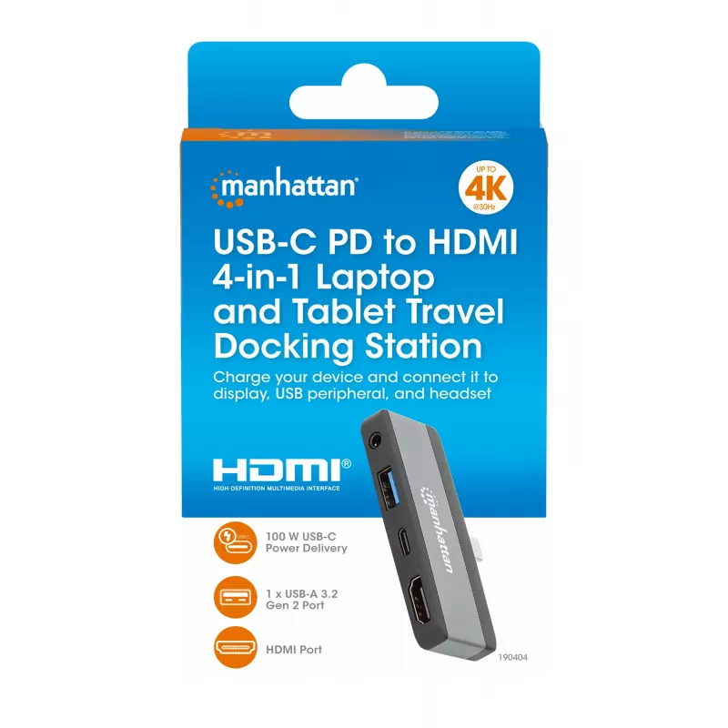 Manhattan 190404 USB-C PD į HDMI 4 viename mobilioji doko stotis, USB 3.2 Gen 2, 10 Gbit/s, 4K, 100 W PD, pilka