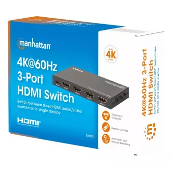 HDMI jungiklis 3x1 MANHATTAN 18G automatinis rankinis IR nuotolinio valdymo pultas juodas