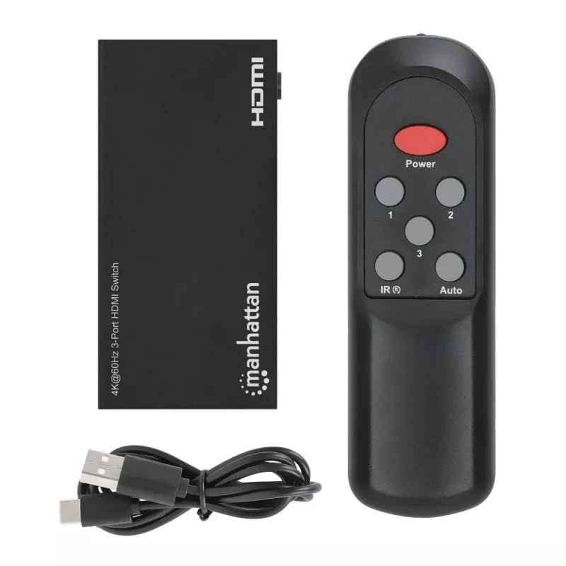 HDMI jungiklis 3x1 MANHATTAN 18G automatinis rankinis IR nuotolinio valdymo pultas juodas