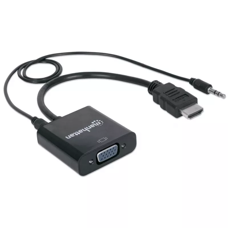 Manhattan HDMI į VGA (su garsu) keitiklio laidas, 1080p, 30 cm, Kištukas į Lizdą, Micro-USB maitinimo įvadas, Juodas, 3 metų garantija