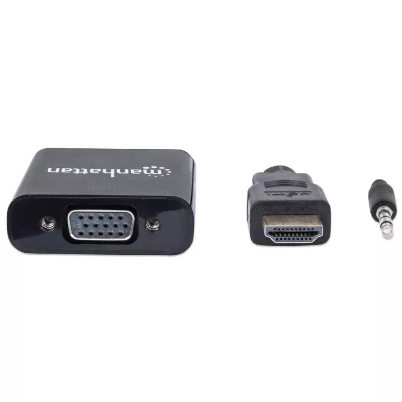 Manhattan HDMI į VGA (su garsu) keitiklio laidas, 1080p, 30 cm, Kištukas į Lizdą, Micro-USB maitinimo įvadas, Juodas, 3 metų garantija