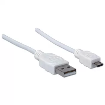 Manhattan USB-A į Micro-USB laidas, 1,8 m, vyriškas į vyrišką, 480 Mbps (USB 2.0), Hi-Speed USB, baltas, viso gyvenimo garantija