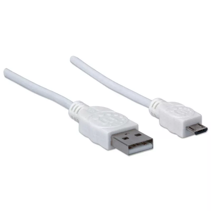 Manhattan USB-A į Micro-USB laidas, 1,8 m, vyriškas į vyrišką, 480 Mbps (USB 2.0), Hi-Speed USB, baltas, viso gyvenimo garantija