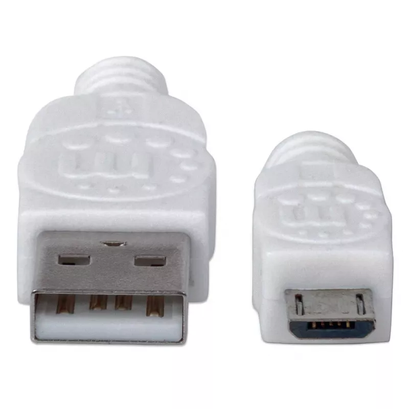 Manhattan USB-A į Micro-USB laidas, 1,8 m, vyriškas į vyrišką, 480 Mbps (USB 2.0), Hi-Speed USB, baltas, viso gyvenimo garantija