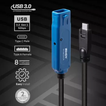 Lindy 43381 USB 3.2 Gen 1 aktyvus ilginimo kabelis USB-C / USB-A, 8 m, juoda/mėlyna