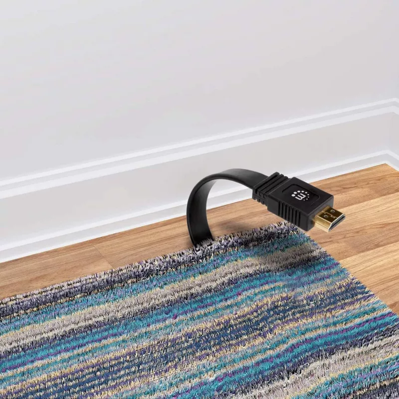 Manhattan HDMI kabelis su Ethernet (plokščias), 4K@60Hz (Premium High Speed), 5 m, kištukas-kištukas, juodas, Ultra HD 4k x 2k, visiškai ekranuotas, auksuoti kontaktai, garantija visam laikui