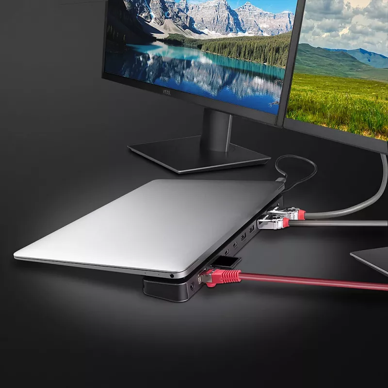 Lindy DST-Mini XT 810, USB-C nešiojamojo kompiuterio mini dokas su vienu ekranu (8K) arba dviem ekranais (4K60) ir 100 W įkrovimo perdavimu