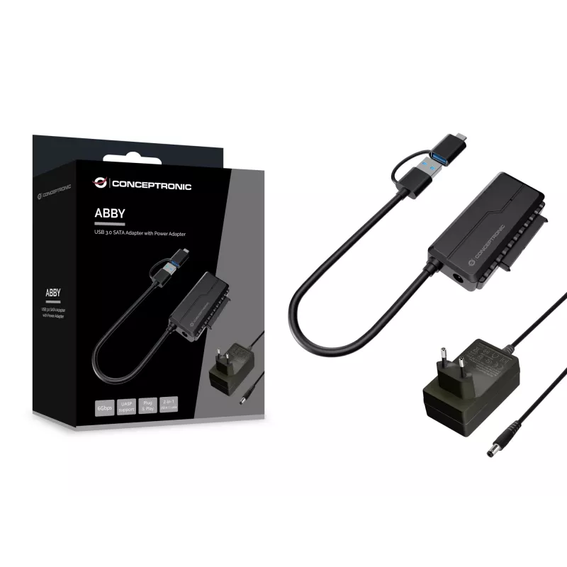 Conceptronic ABBY21B USB 3.0 SATA adapteris su maitinimo adapteriu, 2,5 colio/3,5 colio SATA HDD/SSD, 2-in-1 USB C/A laidas
