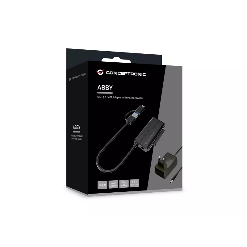 Conceptronic ABBY21B USB 3.0 SATA adapteris su maitinimo adapteriu, 2,5 colio/3,5 colio SATA HDD/SSD, 2-in-1 USB C/A laidas