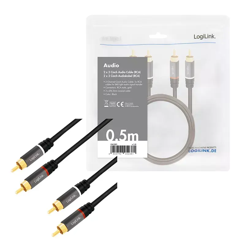 Audio kabelis LogiLink CA1201 0,5 m 2 x RCA juodas