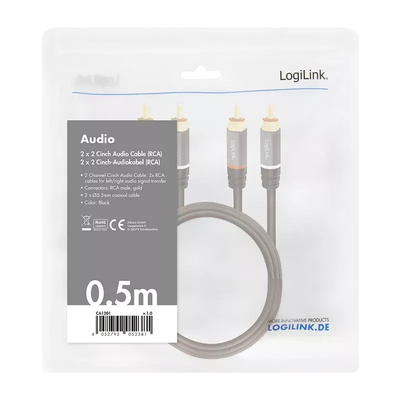 Audio kabelis LogiLink CA1201 0,5 m 2 x RCA juodas