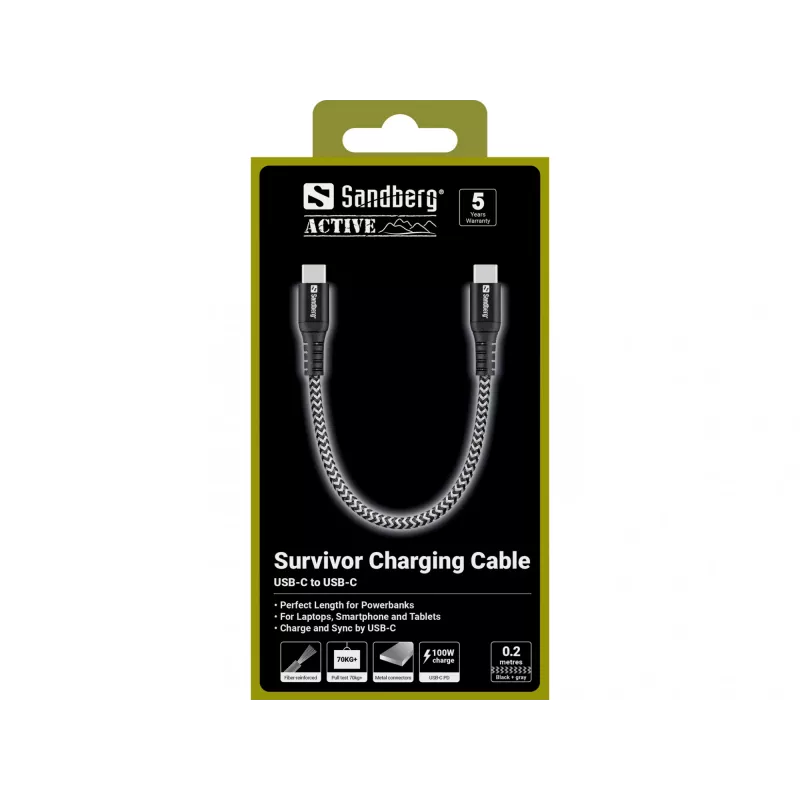USB-C laidas Sandberg Survivor 0,2 m 100 W juoda balta