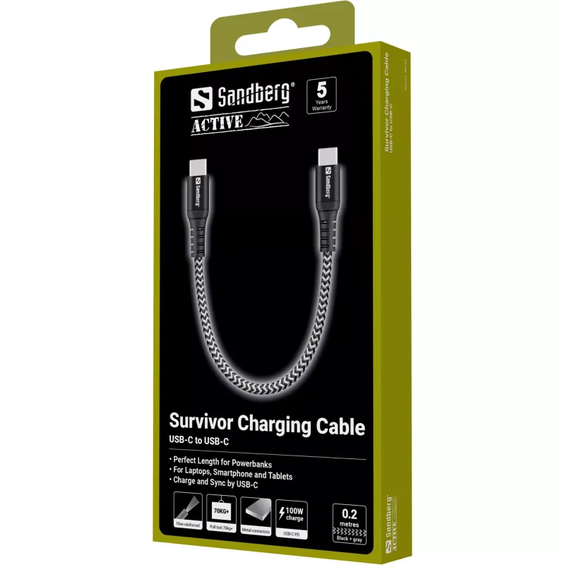 USB-C laidas Sandberg Survivor 0,2 m 100 W juoda balta