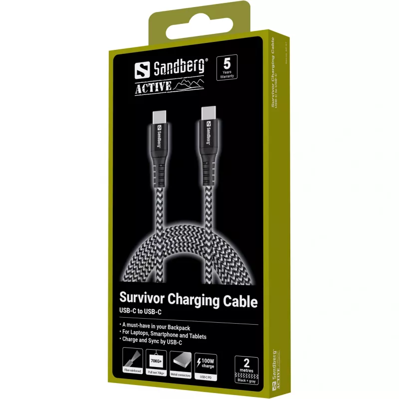 USB-C laidas Sandberg Survivor 2M 100W juodas baltas