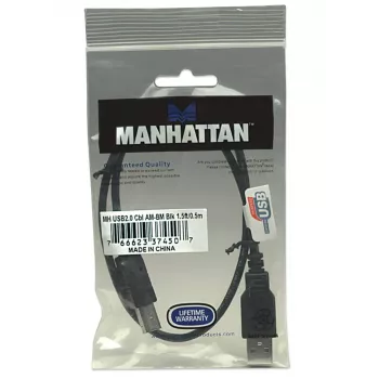 Manhattan USB-A į USB-B laidas, 0,5 m, vyriškas į vyrišką, 480 Mbps (USB 2.0), juodas, viso gyvenimo garantija