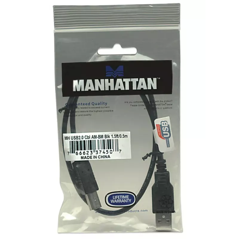 Manhattan USB-A į USB-B laidas, 0,5 m, vyriškas į vyrišką, 480 Mbps (USB 2.0), juodas, viso gyvenimo garantija