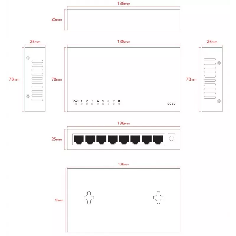 Nevaldomas komutatorius Lanview LVN-DESK-8PORT-1G — 8 prievadų 1 Gbps Ethernet stalinis komutatorius