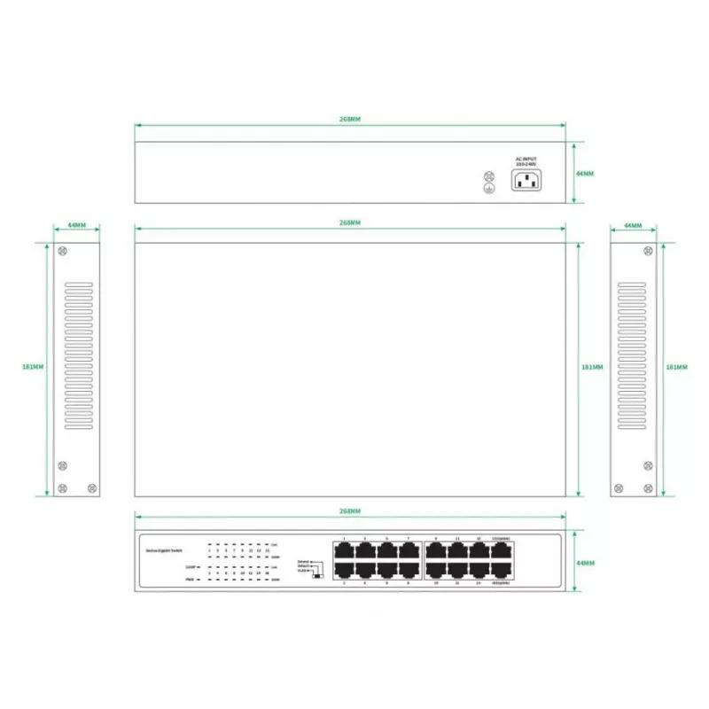 Nevaldomas tinklo jungiklis Lanview LVN-1U-16PORT-1G 16 prievadų 1 Gbps Ethernet, stelažinis 1U