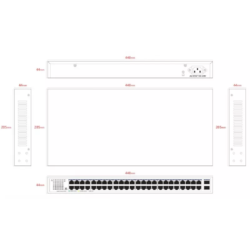 Lanview nevaldomas jungiklis LVN-1UMOUNT-48PORT-2SFP-1G — 48x RJ45 1G prievadai, 2x SFP jungtys